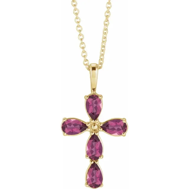 14K Gold Natural Pink Tourmaline Cross Necklace