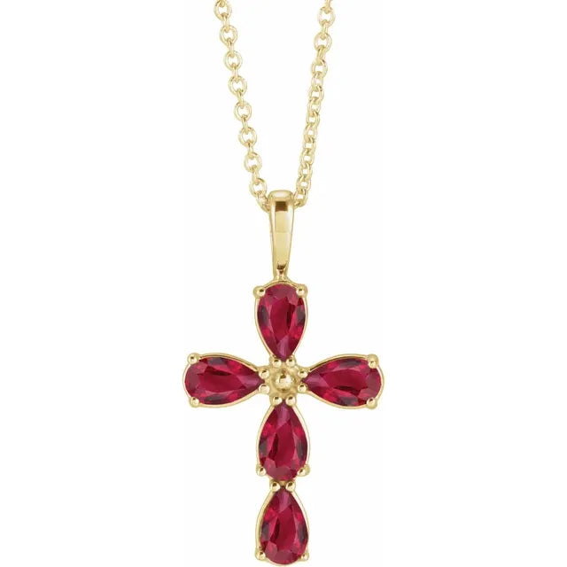 14K Gold Natural Ruby Cross Necklace