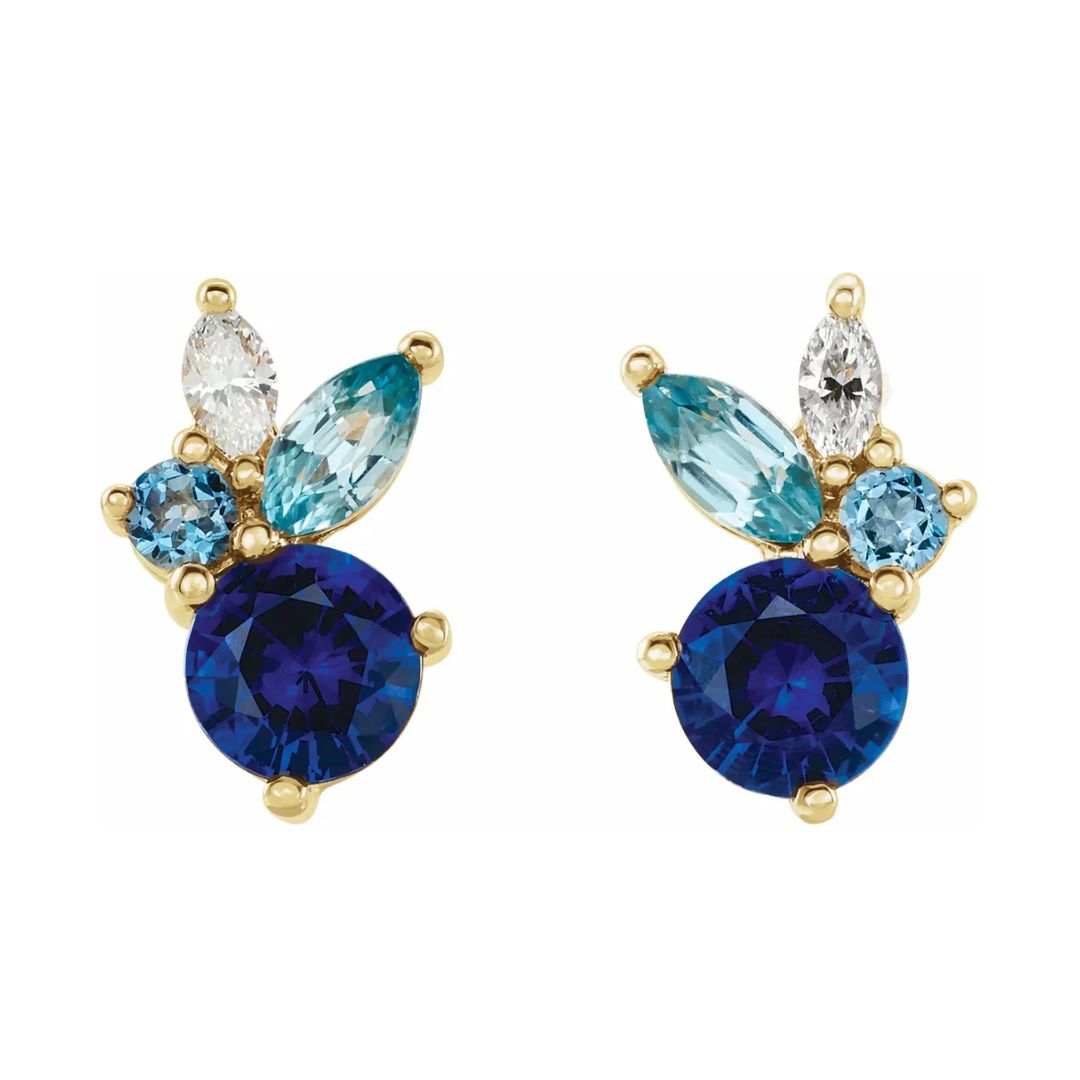 14K Gold Natural Blue Sapphire, Natural Aquamarine, Natural Blue Zircon & Natural Diamond Earrings