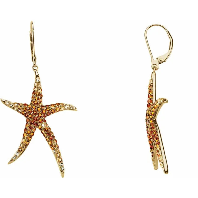 14K Gold Natural Madeira Citrine and Lime Quartz Starfish Earrings