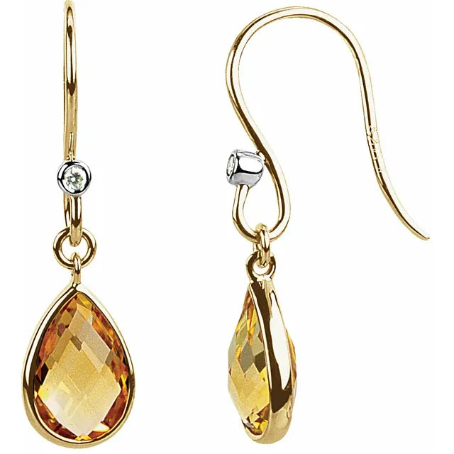 14K Gold Natural Citrine and Diamond Earrings