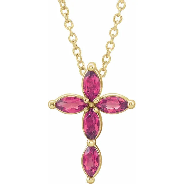 14K Gold Natural Pink Tourmaline Cross Necklace/Pendant