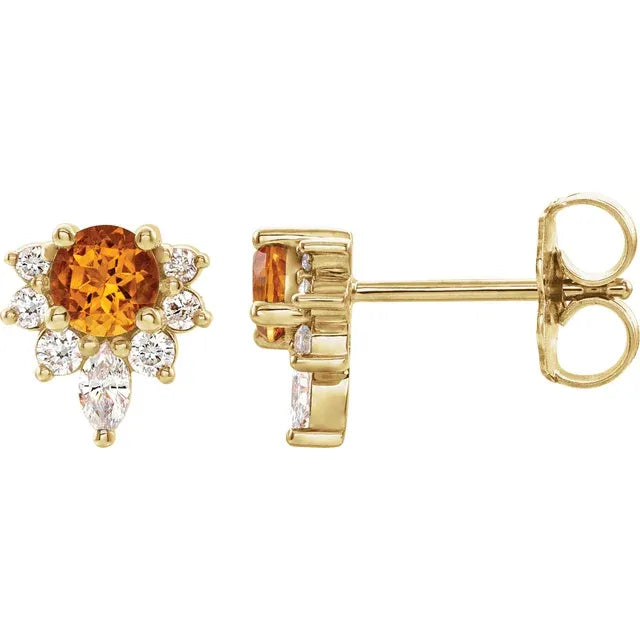 14K Gold Natural Citrine Diamond Earrings