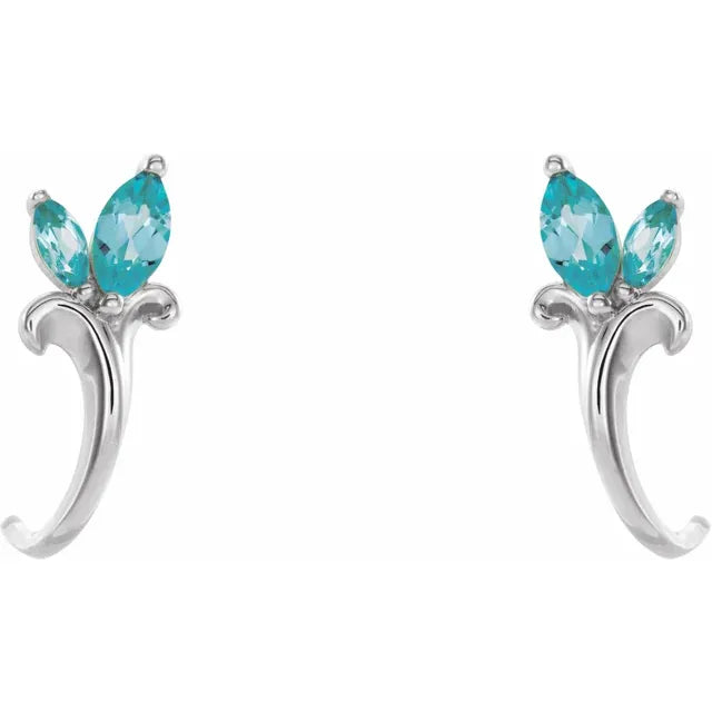 14K Gold Natural Blue Zircon Floral J-Hoop Earrings