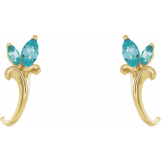 14K Gold Natural Blue Zircon Floral J-Hoop Earrings