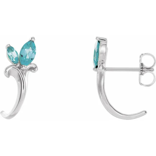 14K Gold Natural Blue Zircon Floral J-Hoop Earrings