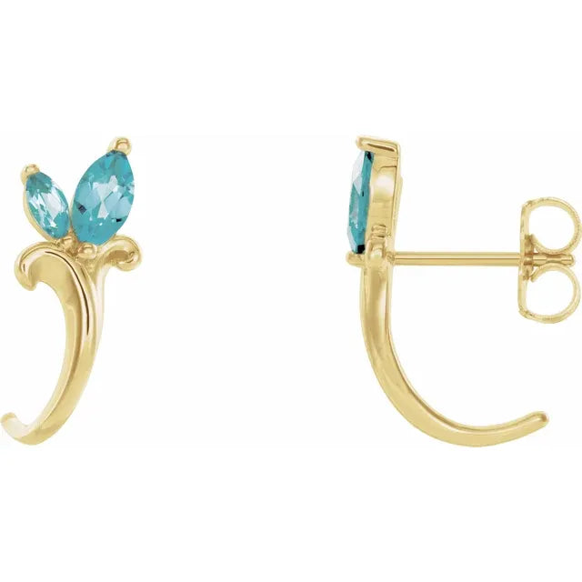 14K Gold Natural Blue Zircon Floral J-Hoop Earrings