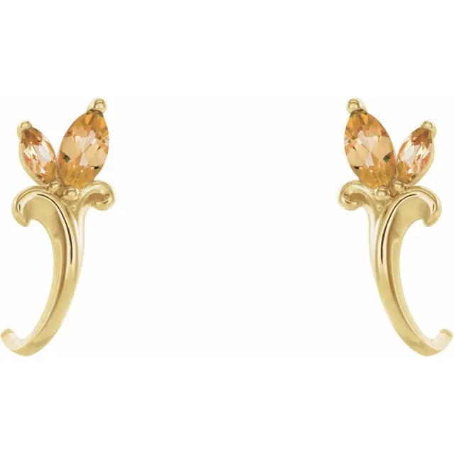 14K Gold Natural Citrine Floral J-Hoop Earrings