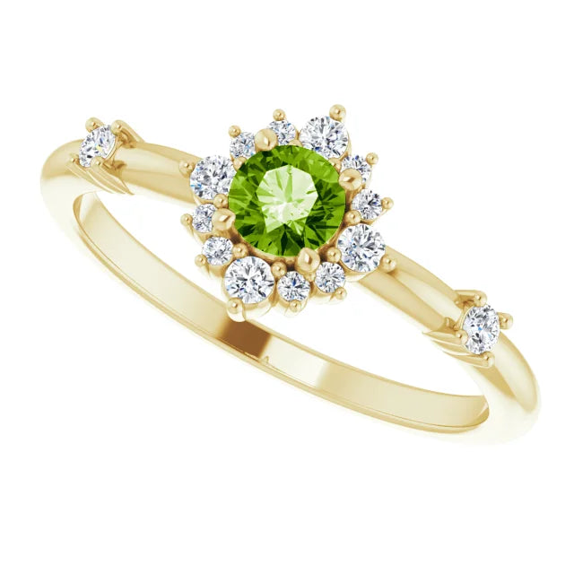 14K Gold Natural Peridot Natural Diamond Halo-Style Ring