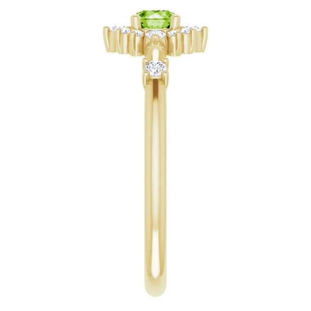 14K Gold Natural Peridot Natural Diamond Halo-Style Ring