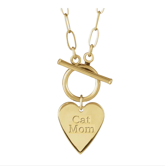 14K Gold Engravable 'Cat Mom' Heart Toggle Necklace