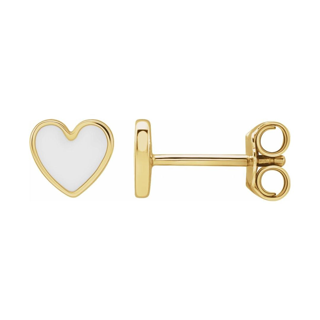14K Yellow Gold White Enamel Heart Shaped Earrings