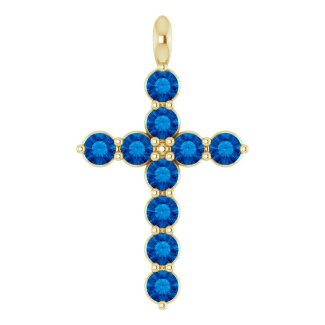 14K Gold Natural Blue Sapphire Cross Necklace