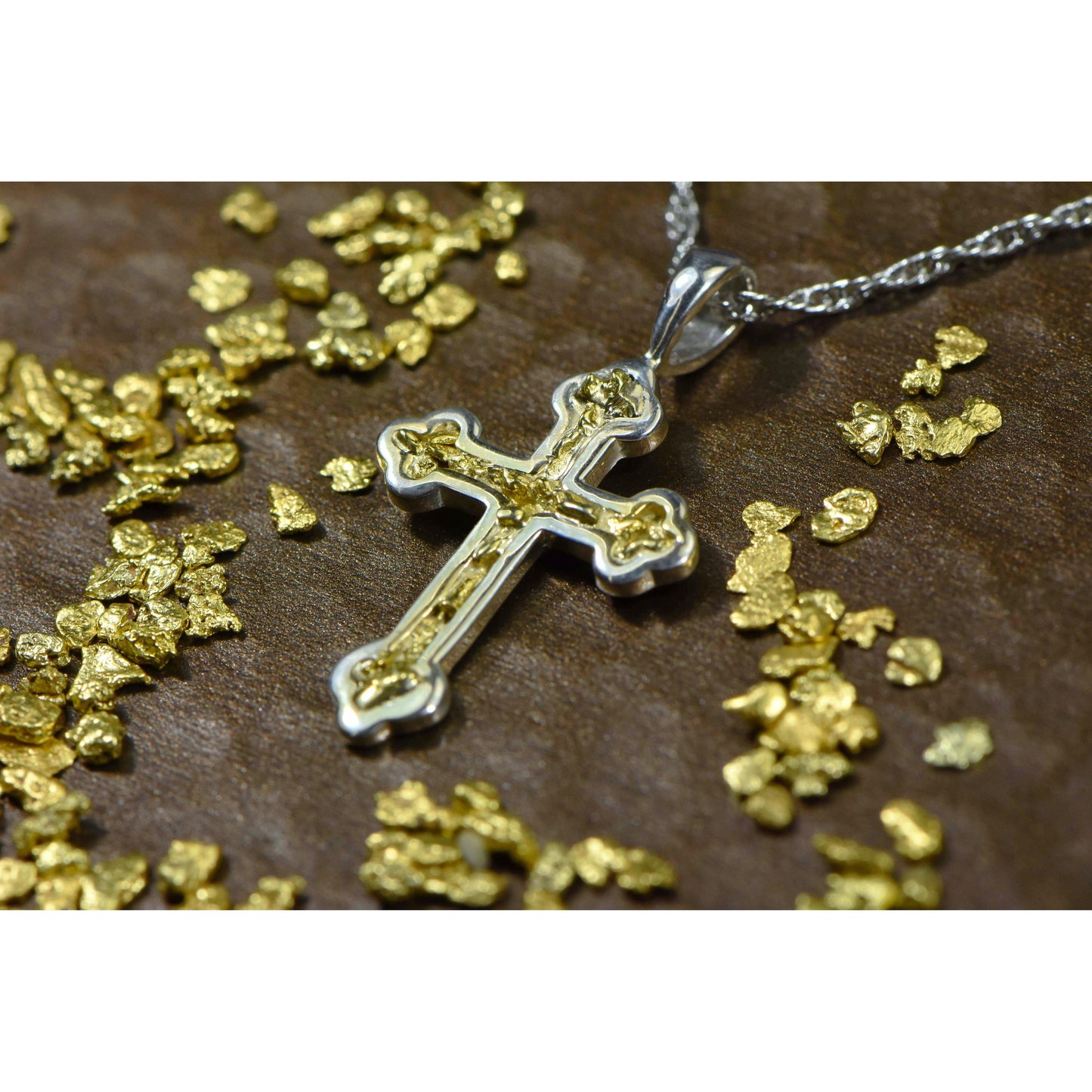 Gold Nugget Cross - Sterling Silver - PCR7NSS - Hand Made "Orocal" Jewelry-Destination Gold Detectors