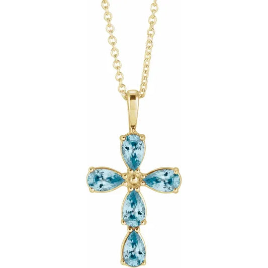 14K Gold Natural Blue Zircon Cross Pendant/Necklace