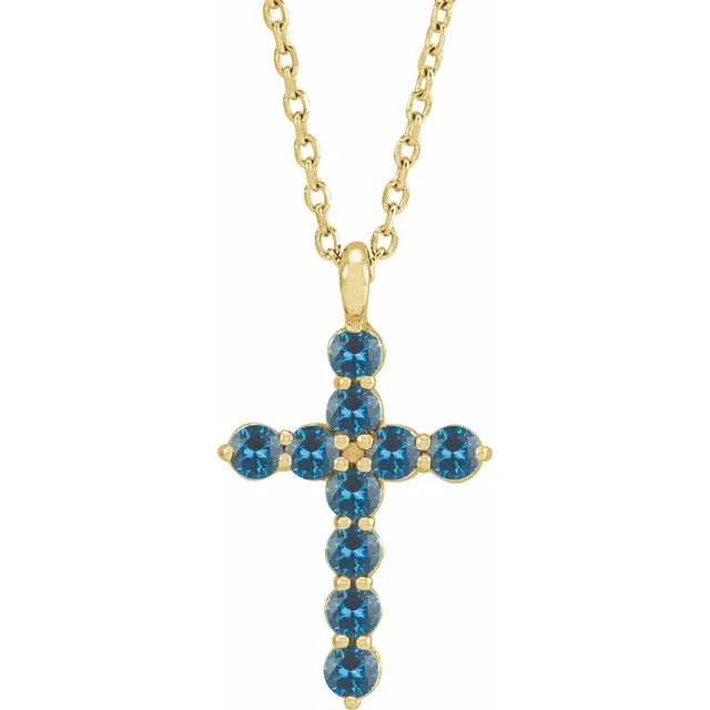 14K Gold Natural Blue Zircon Cross Pendant