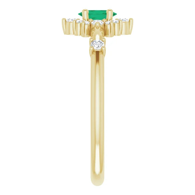 14K Gold Natural Emerald and Diamond Halo-Style Ring