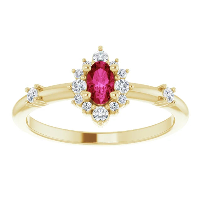 14K Gold Ruby Diamond Halo Ring