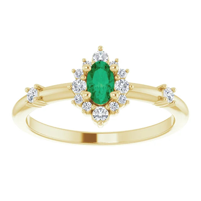 14K Gold Natural Emerald and Diamond Halo-Style Ring
