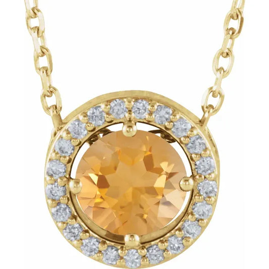 14K Gold Natural Citrine and Diamond Halo-Style Necklace