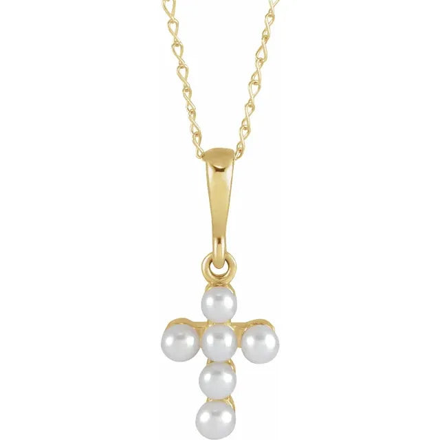 14K Gold Cultured White Seed Pearl Youth Cross Necklace