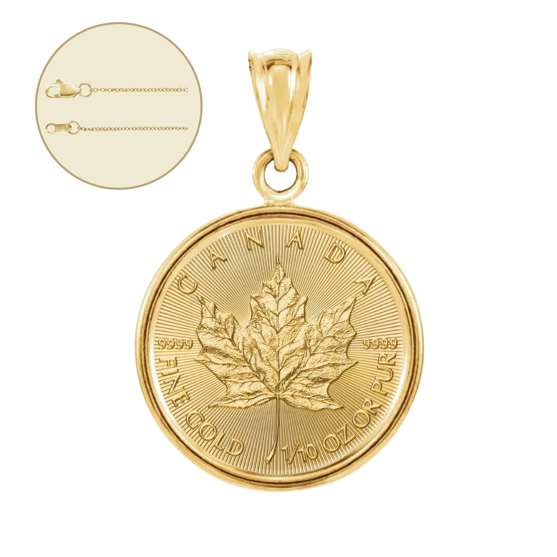 1/10 oz .9999 Pure 24K Maple Gold Bullion with 14K Frame and Chain