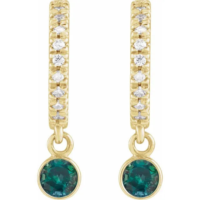 14K Gold Natural Alexandrite & Diamond Hoop Earrings