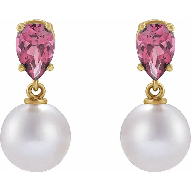 14K Gold Cultured White Akoya Pearl & Natural Pink Tourmaline Earrings