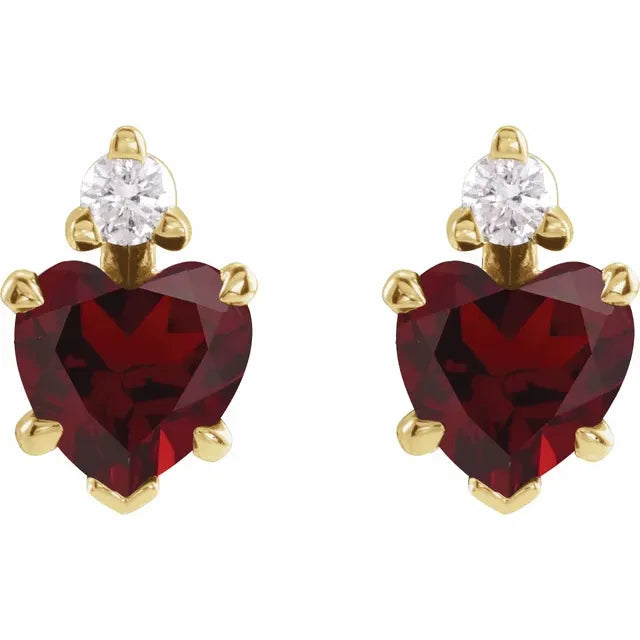 14K Yellow Gold Heart Shaped Natural Mozambique Garnet & .06 Natural Diamond Stud Earrings