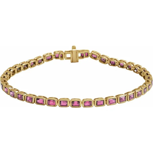 14K Solid Gold Natural Pink Tourmaline Box Clasp Line Bracelet