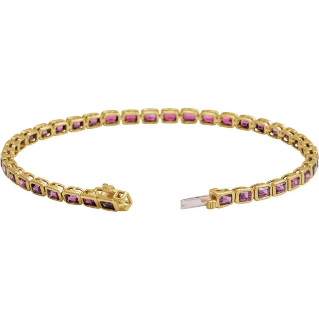 14K Solid Gold Natural Pink Tourmaline Box Clasp Line Bracelet