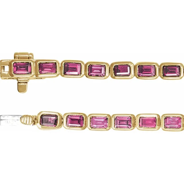 14K Solid Gold Natural Pink Tourmaline Box Clasp Line Bracelet