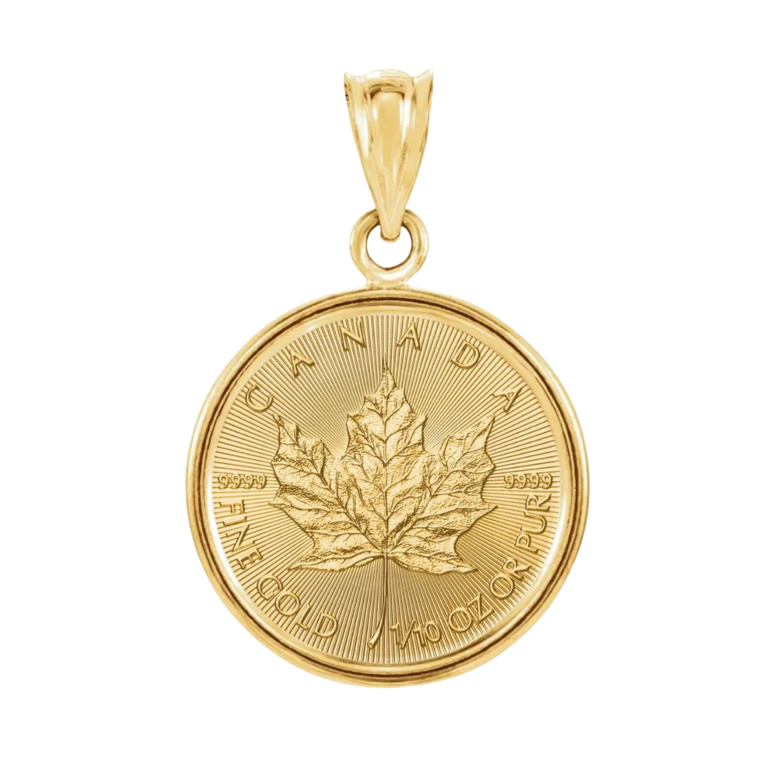 1/10 oz .9999 Pure 24K Maple Gold Round with 14K Frame Pendant