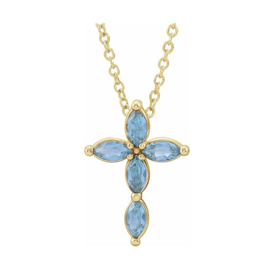 14K Gold Natural Aquamarine Cross Necklace/Pendant