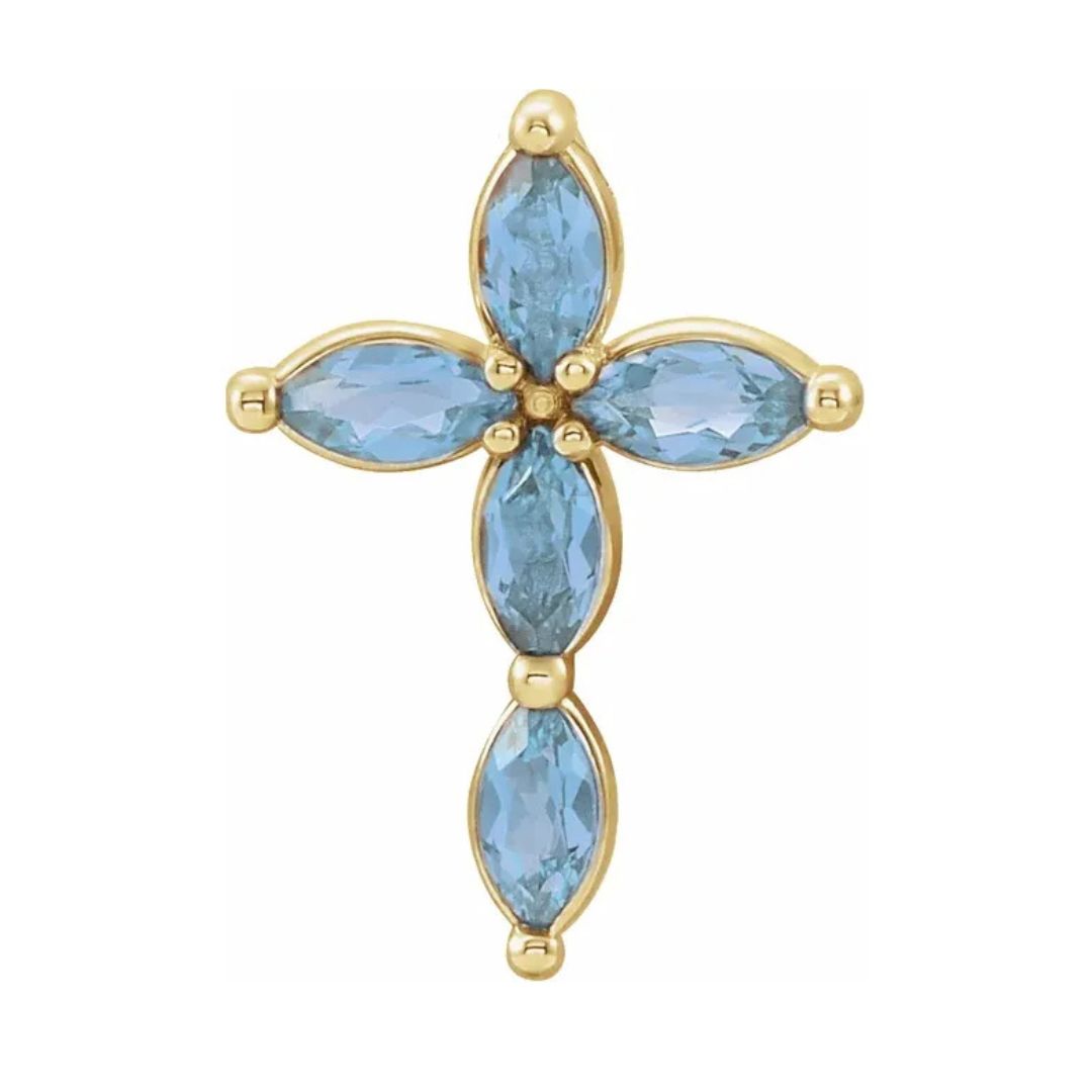 14K Gold Natural Aquamarine Cross Necklace/Pendant