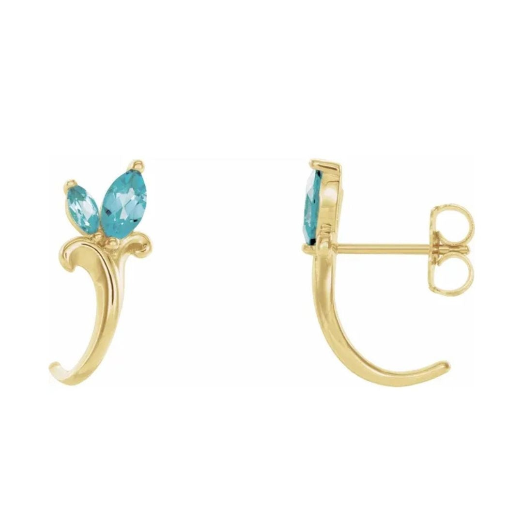 14K Gold Natural Blue Zircon Floral J-Hoop Earrings