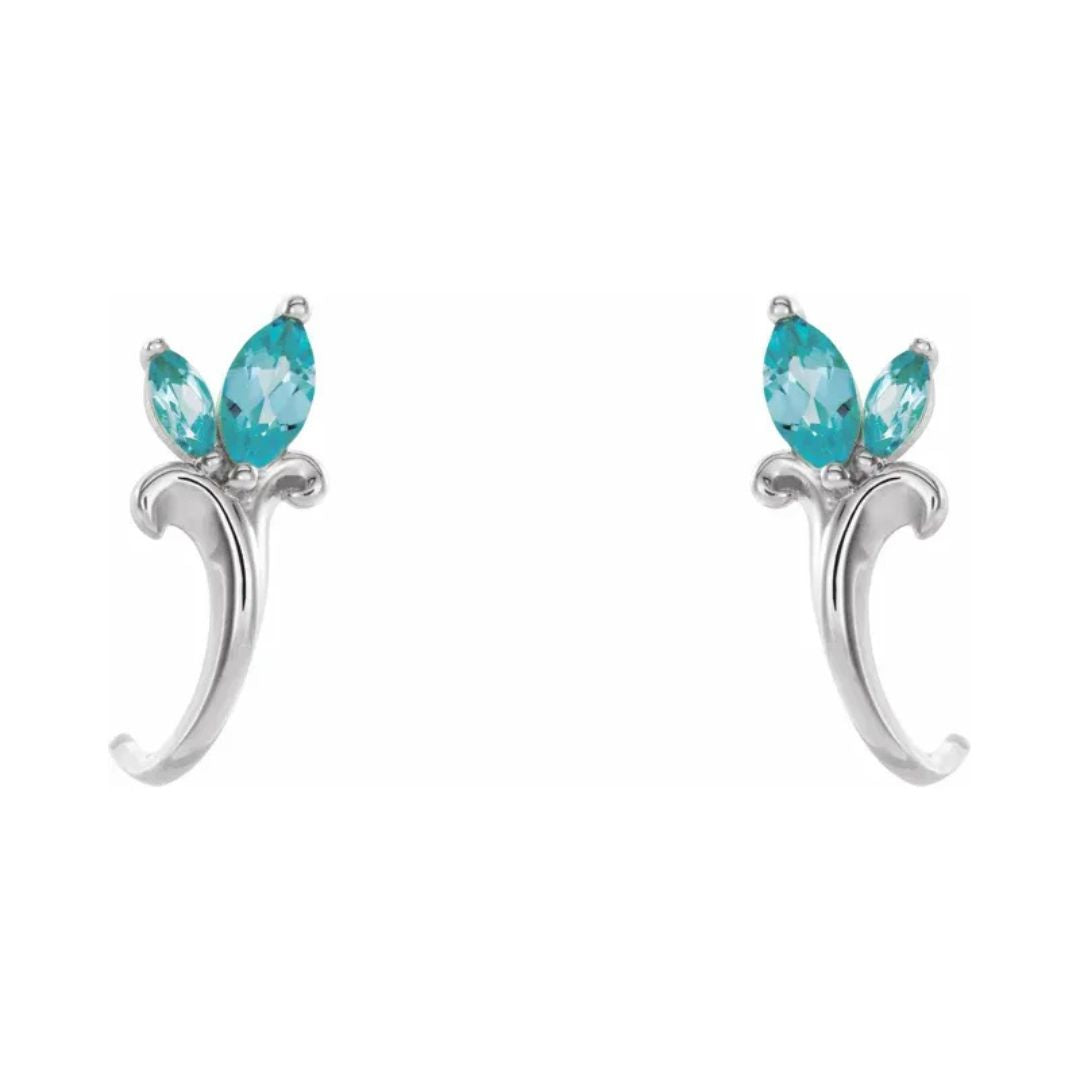 14K Gold Natural Blue Zircon Floral J-Hoop Earrings