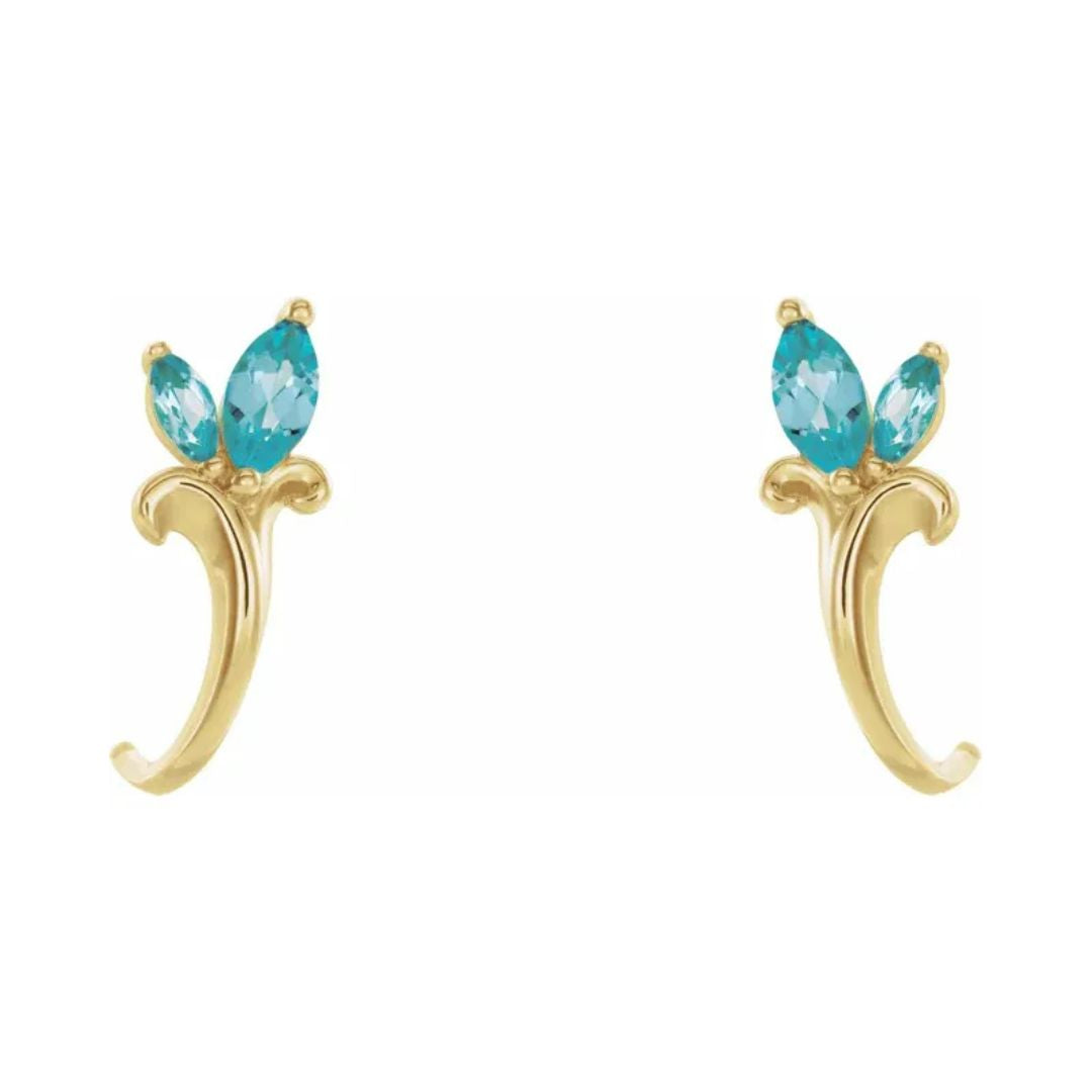 14K Gold Natural Blue Zircon Floral J-Hoop Earrings