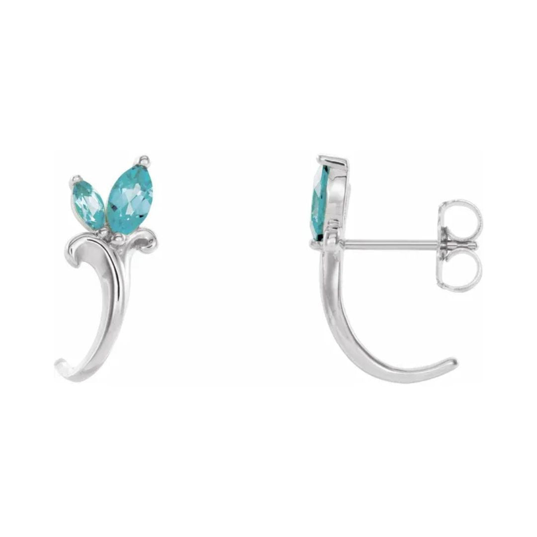 14K Gold Natural Blue Zircon Floral J-Hoop Earrings