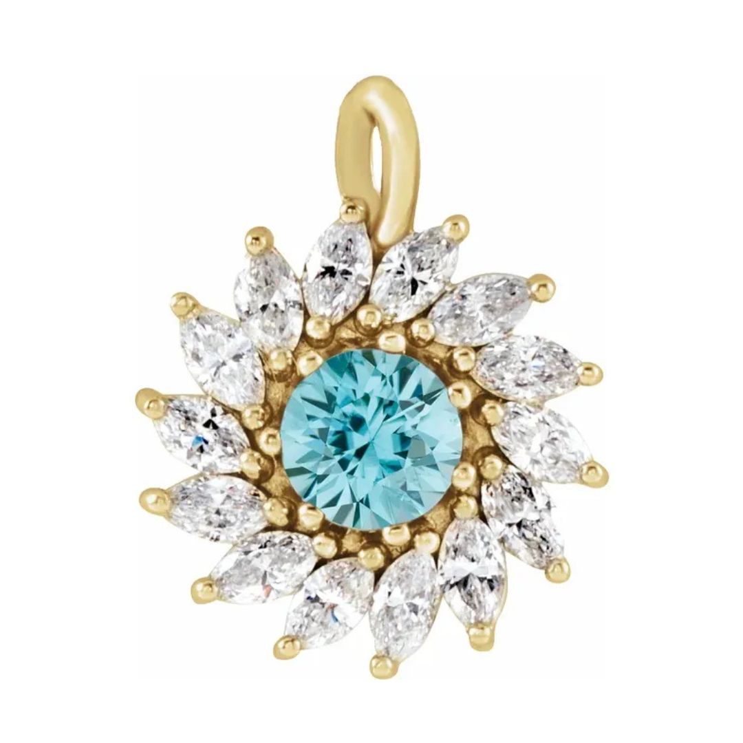 14K Gold Natural Blue Zircon and Diamond Halo-Style Pendant/Necklace