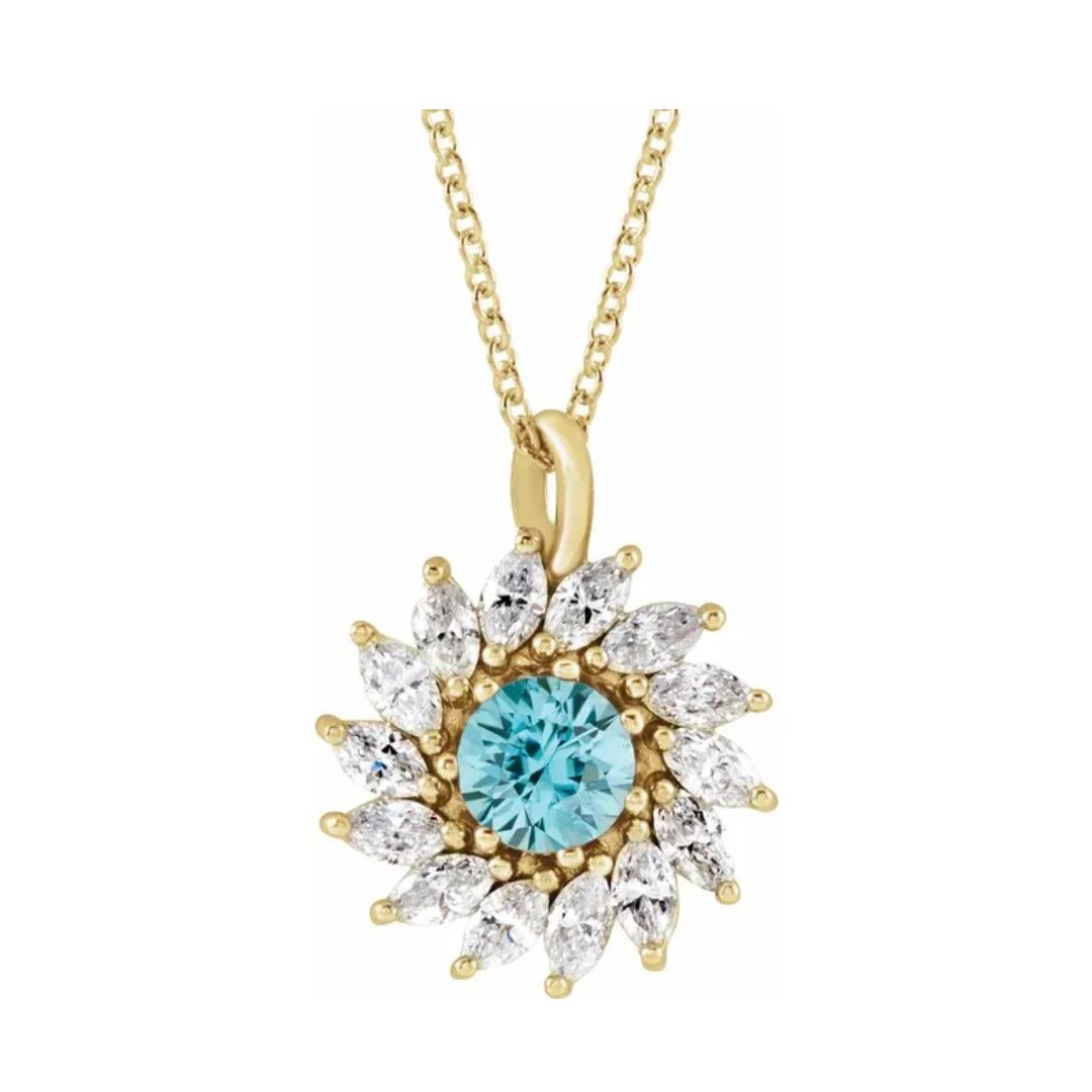 14K Gold Natural Blue Zircon and Diamond Halo-Style Pendant/Necklace