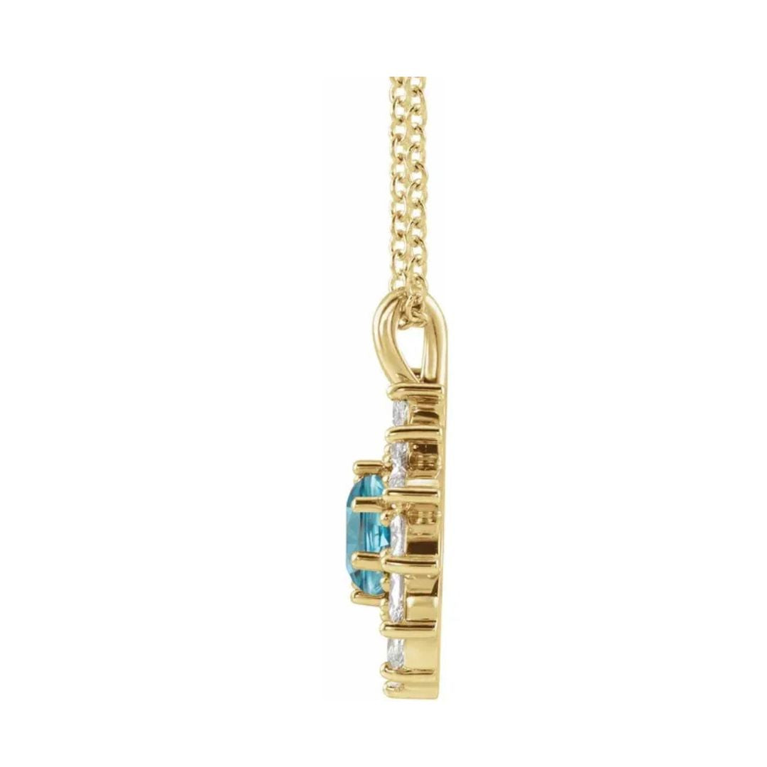 14K Gold Natural Blue Zircon and Diamond Halo-Style Pendant/Necklace