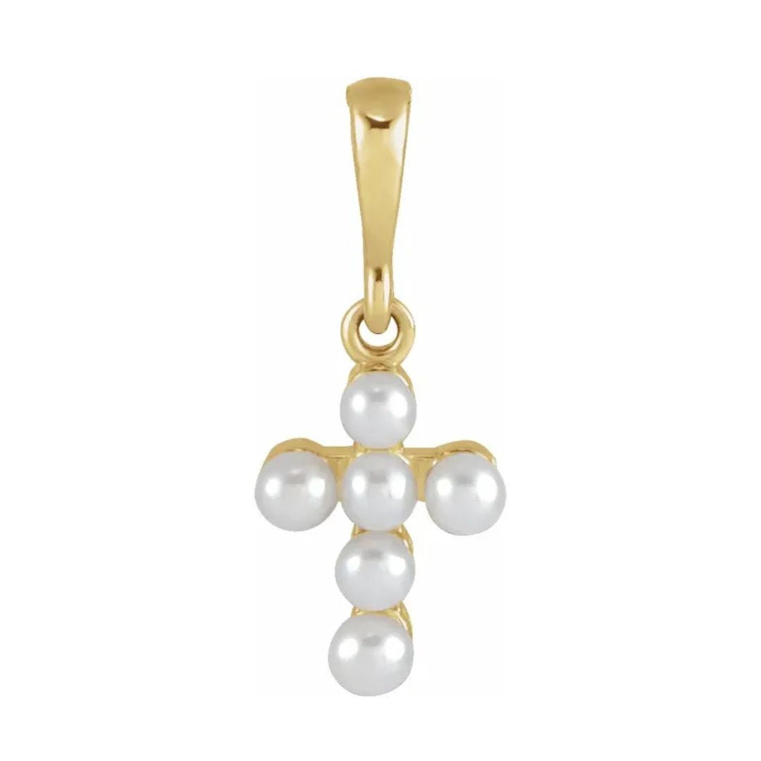 14K Gold Cultured White Seed Pearl Youth Cross Necklace