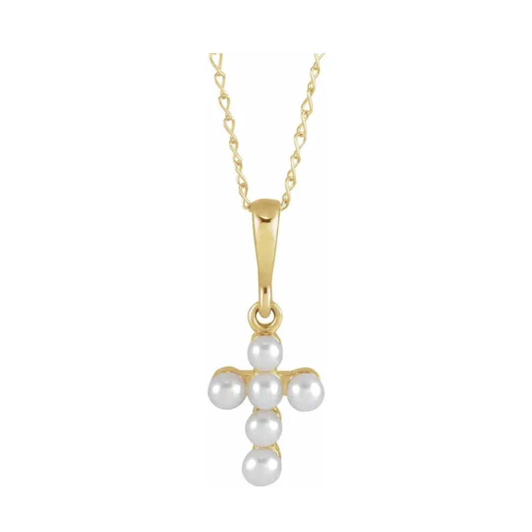 14K Gold Cultured White Seed Pearl Youth Cross Necklace