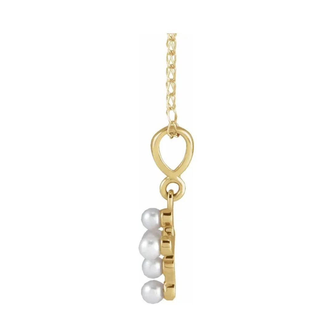 14K Gold Cultured White Seed Pearl Youth Cross Necklace
