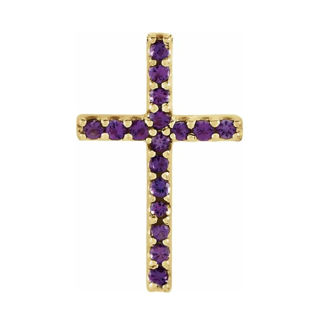 14K Gold Natural Amethyst Petite Cross Necklace/Pendant