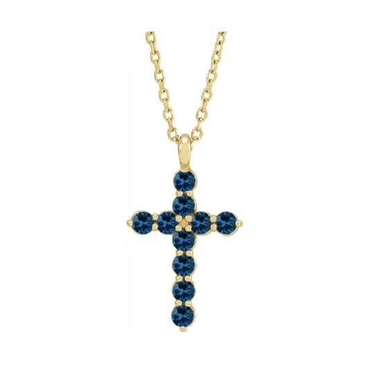 14K Gold Natural Blue Sapphire Cross Necklace