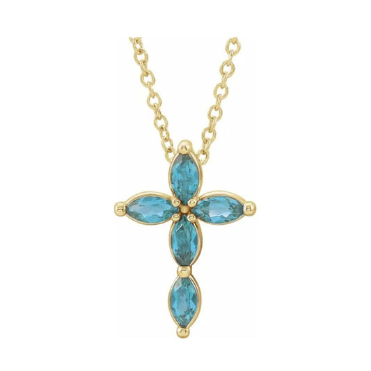 14K Gold Natural Blue Zircon Cross Necklace/Pendant