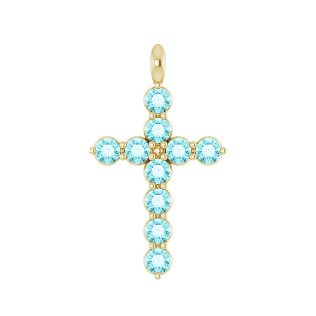 14K Gold Natural Blue Zircon Cross Pendant