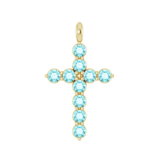 14K Gold Natural Blue Zircon Cross Pendant